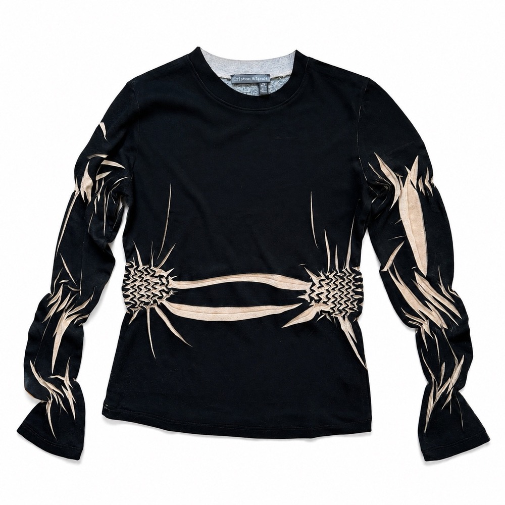 Tristan & Iseut Black Cream Avant-garde Smocked Long Sleeve Top Womens Small